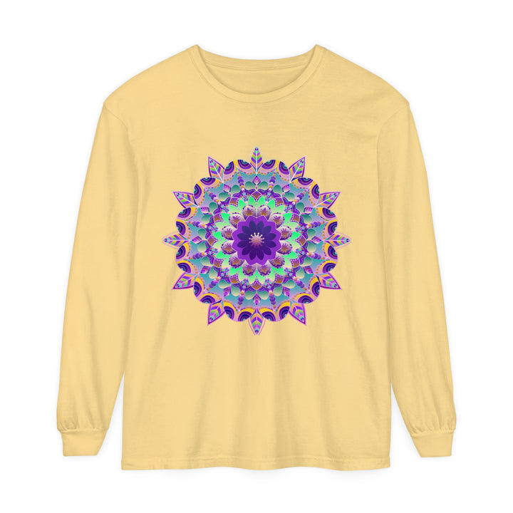 Colorful and intricate psychedelic mandala design on a long sleeve t-shirt