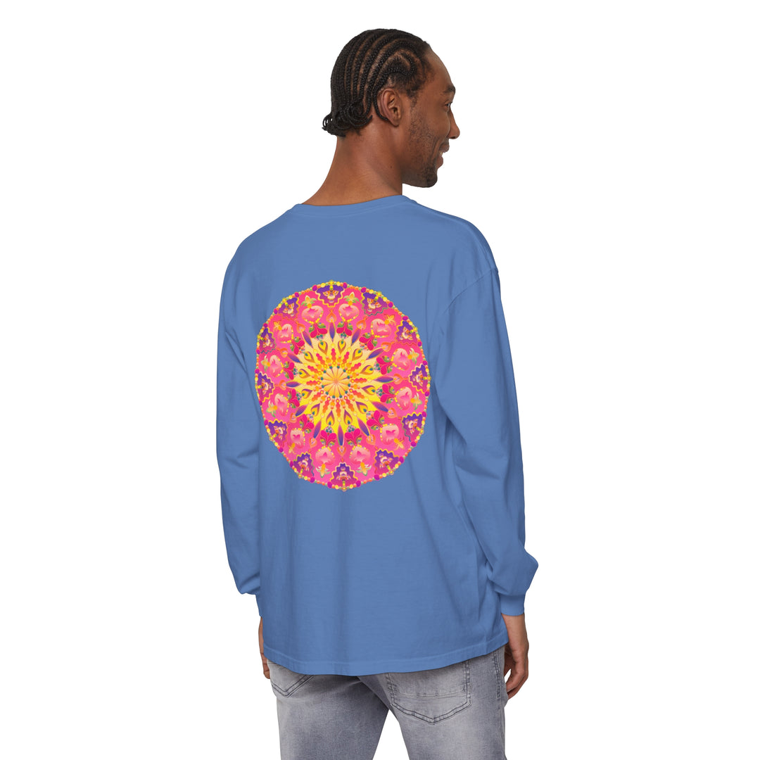 Colorful and intricate mandala design featured on unisex long sleeve t-shirt