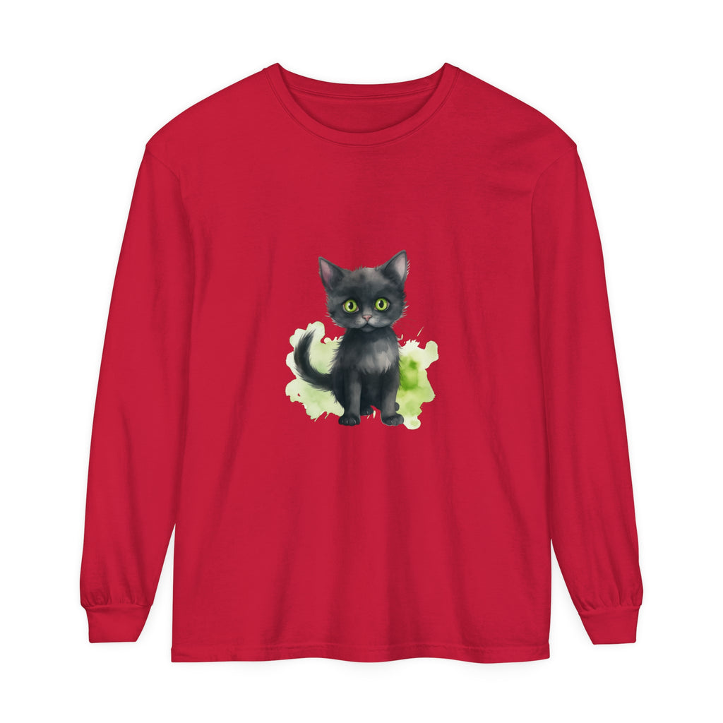 Black Cat Watercolor Long Sleeve T-Shirt with vibrant watercolor design