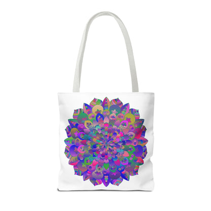 Beautiful and colorful Mandala Lotus Tote Bag with intricate design and vibrant colors, perfect for carrying your essentials in style