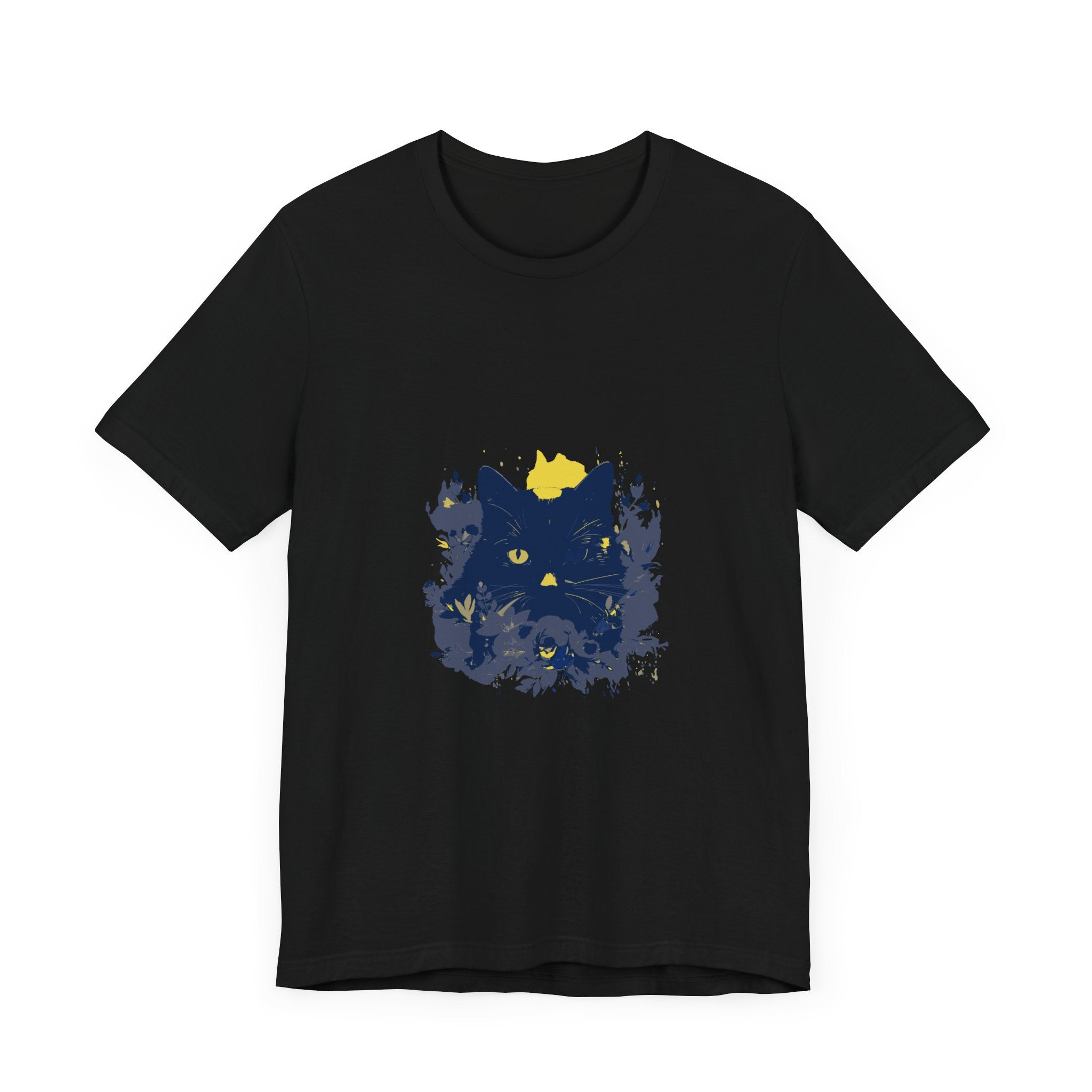 Black Cat Mystery T-Shirt featuring a whimsical floral design perfect for cat lovers and mystery enthusiasts