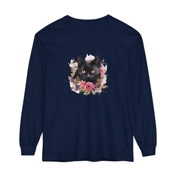 A beautiful watercolor floral design featuring a black cat on a long sleeve t-shirt