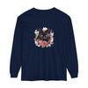 A beautiful watercolor floral design featuring a black cat on a long sleeve t-shirt