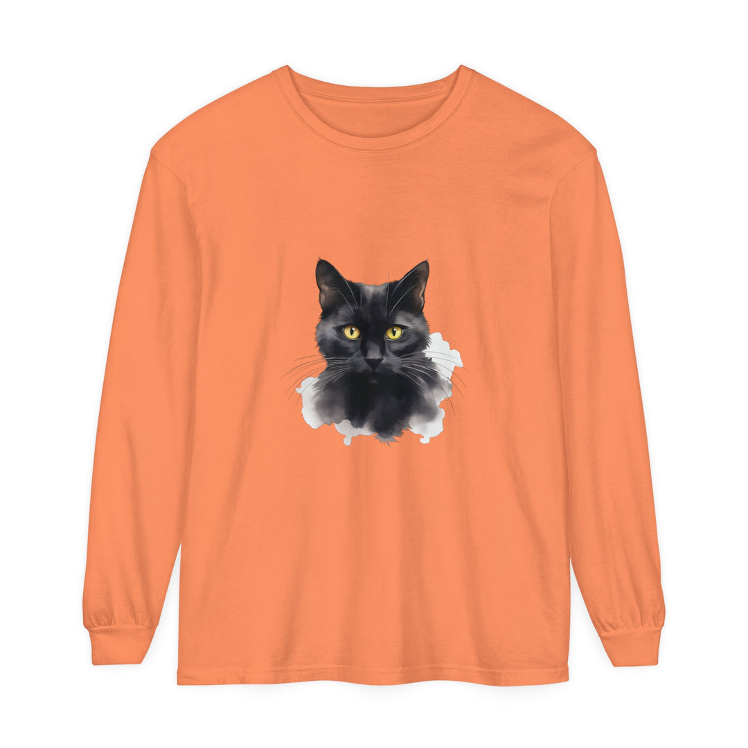 Black Cat Portrait - Unisex Long Sleeve T-Shirt featuring a detailed, lifelike cat illustration on a comfortable, versatile long-sleeve shirt