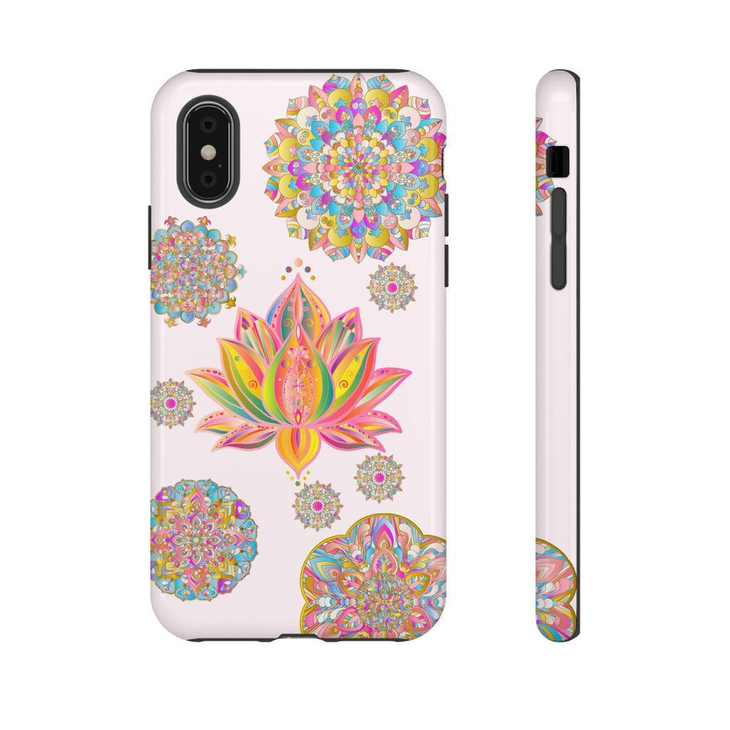 A light pink phone case with a mandala design featuring a lotus flower