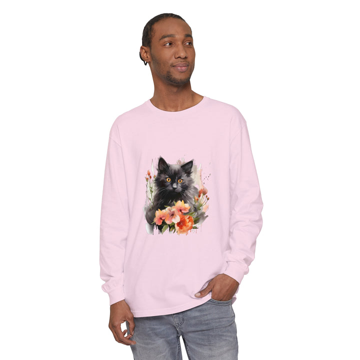 Beautiful black cat surrounded by vibrant flowers on a watercolor t-shirt