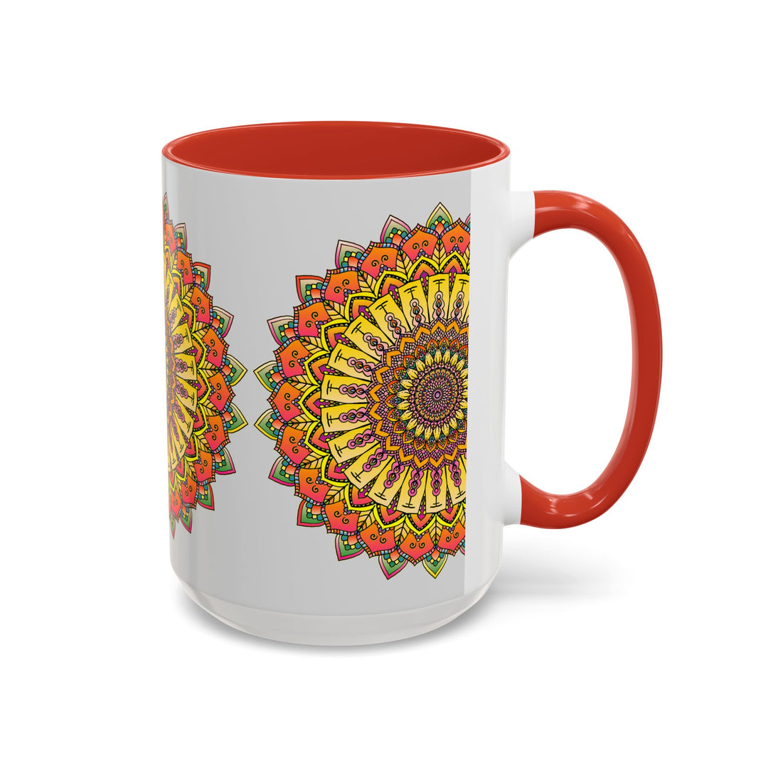 Vibrant Mandala Mug featuring colorful and intricate art on a grey background, perfect for adding a pop of color to your morning routine