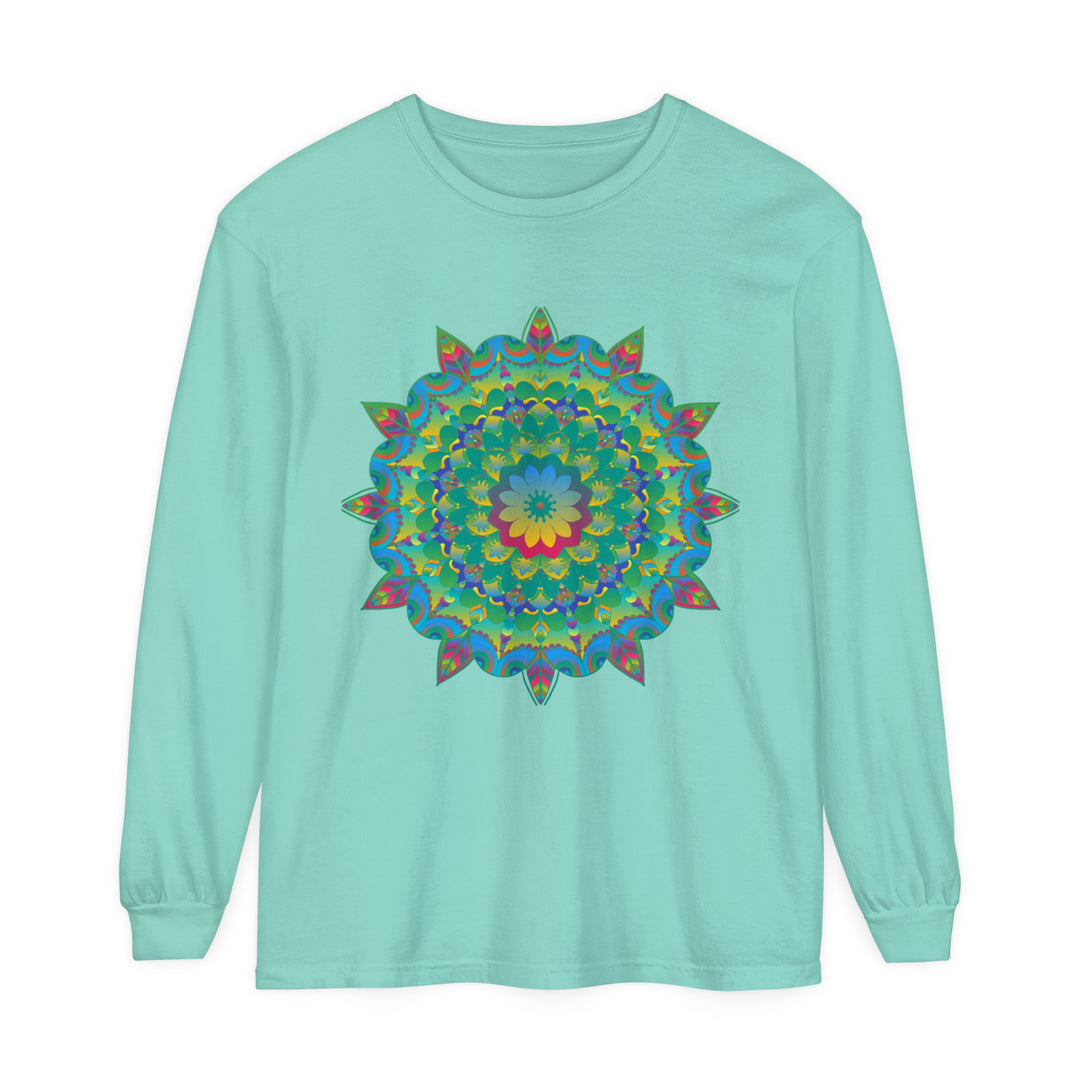 Colorful psychedelic mandala design on a long sleeve t-shirt