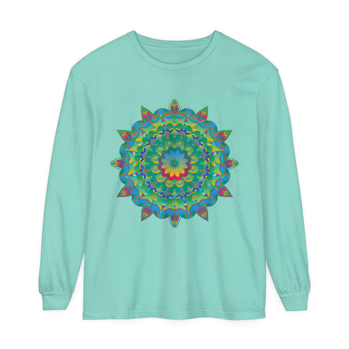 Colorful psychedelic mandala design on a long sleeve t-shirt