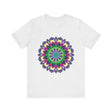 Close-up of a vibrant mandala tee featuring a colorful and intricate design, perfect for adding a pop of color to any outfit