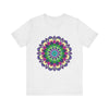 Close-up of a vibrant mandala tee featuring a colorful and intricate design, perfect for adding a pop of color to any outfit