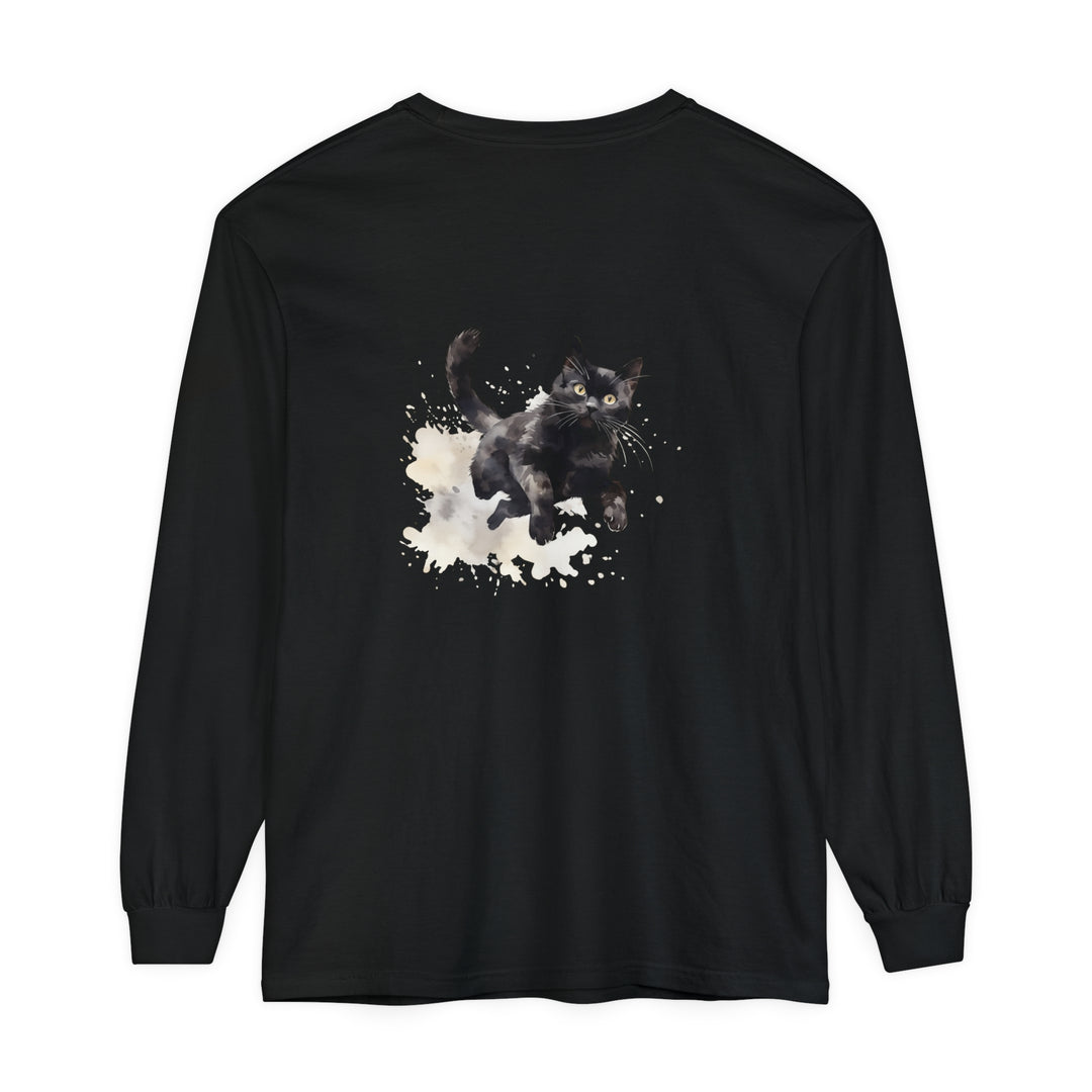 Black Cat Watercolor Splash T-Shirt with vibrant colors and playful feline design