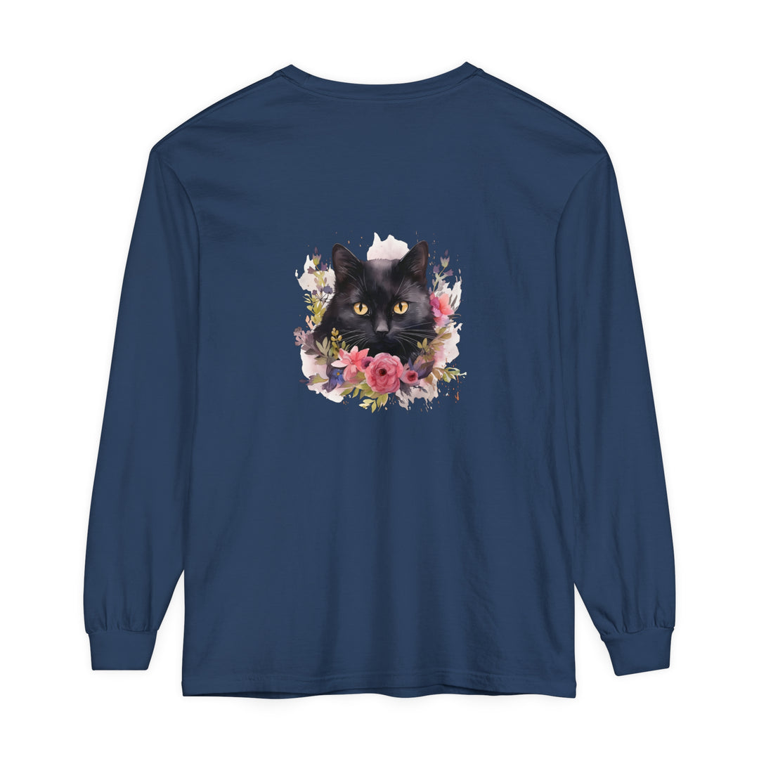 Black Cat Floral Watercolor Long Sleeve T-Shirt with a beautiful hand-painted design featuring a black cat surrounded by vibrant flowers, perfect for adding a touch of whimsy to your wardrobe