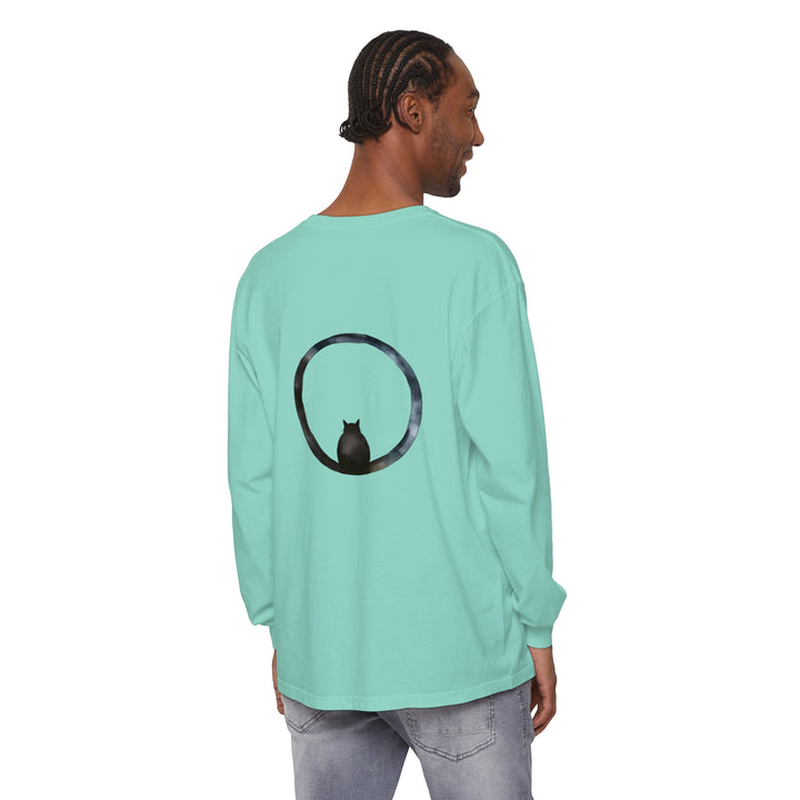 A close-up image of a unisex long sleeve t-shirt featuring a mystifying sphere design