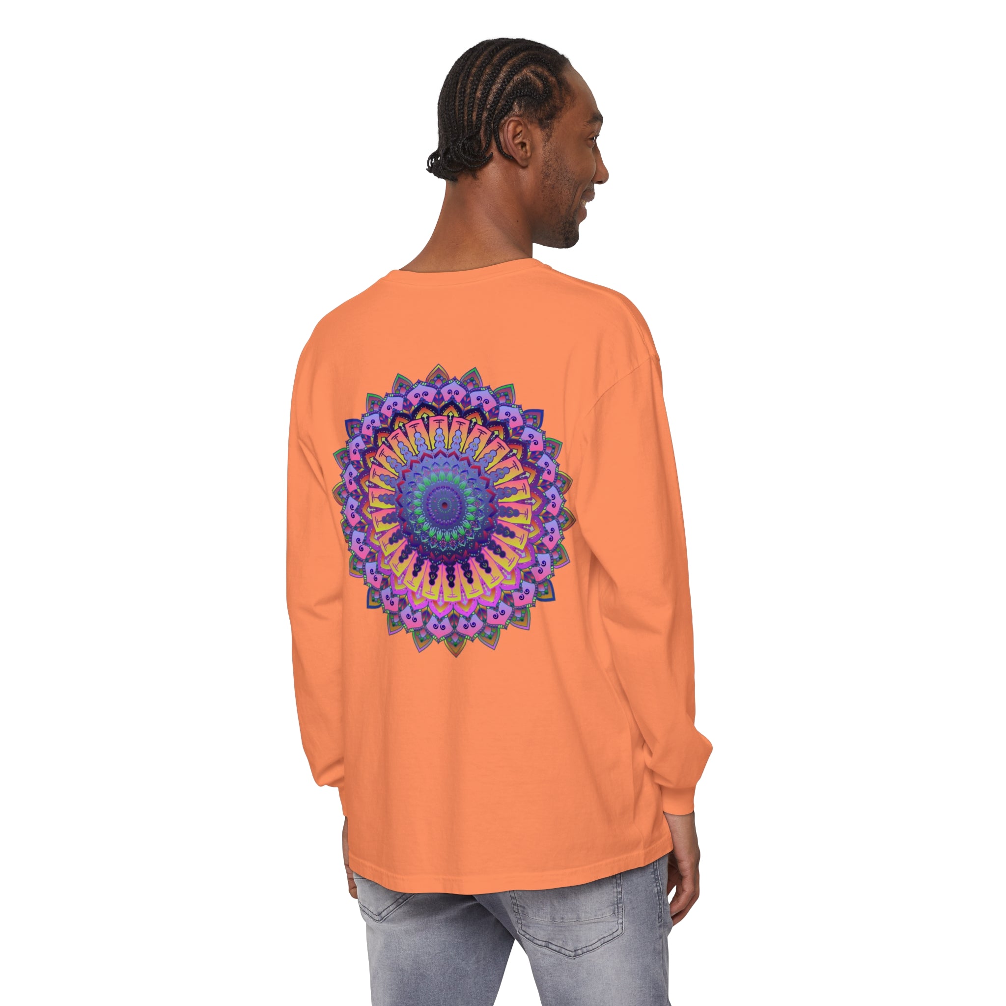 Intricate Mandala Unisex Long Sleeve T-Shirt featuring detailed mandala design on sleeves and front