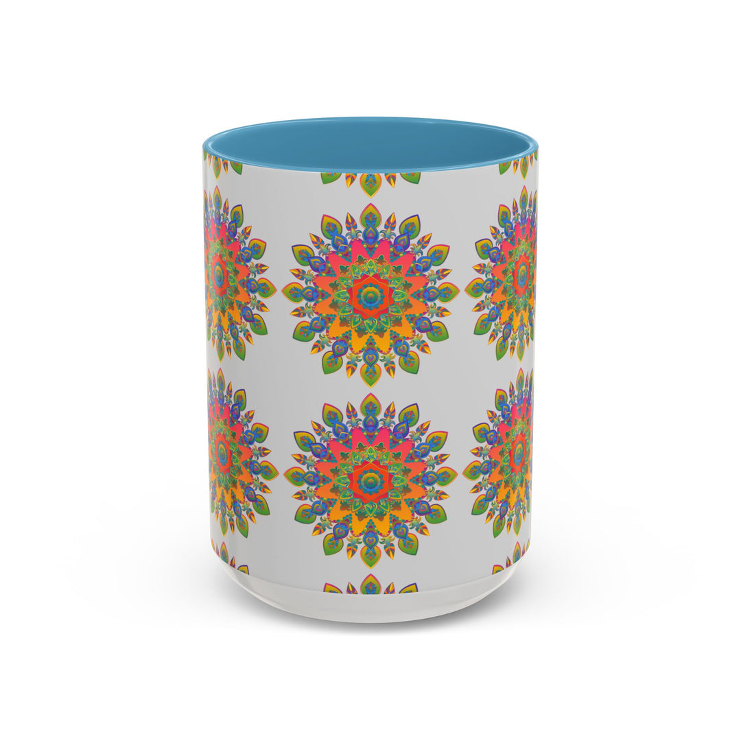 Colorful mandala mug featuring vibrant, intricate art on a grey background