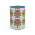 Colorful mandala mug featuring vibrant, intricate art on a grey background