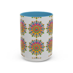 Colorful mandala mug featuring vibrant, intricate art on a grey background