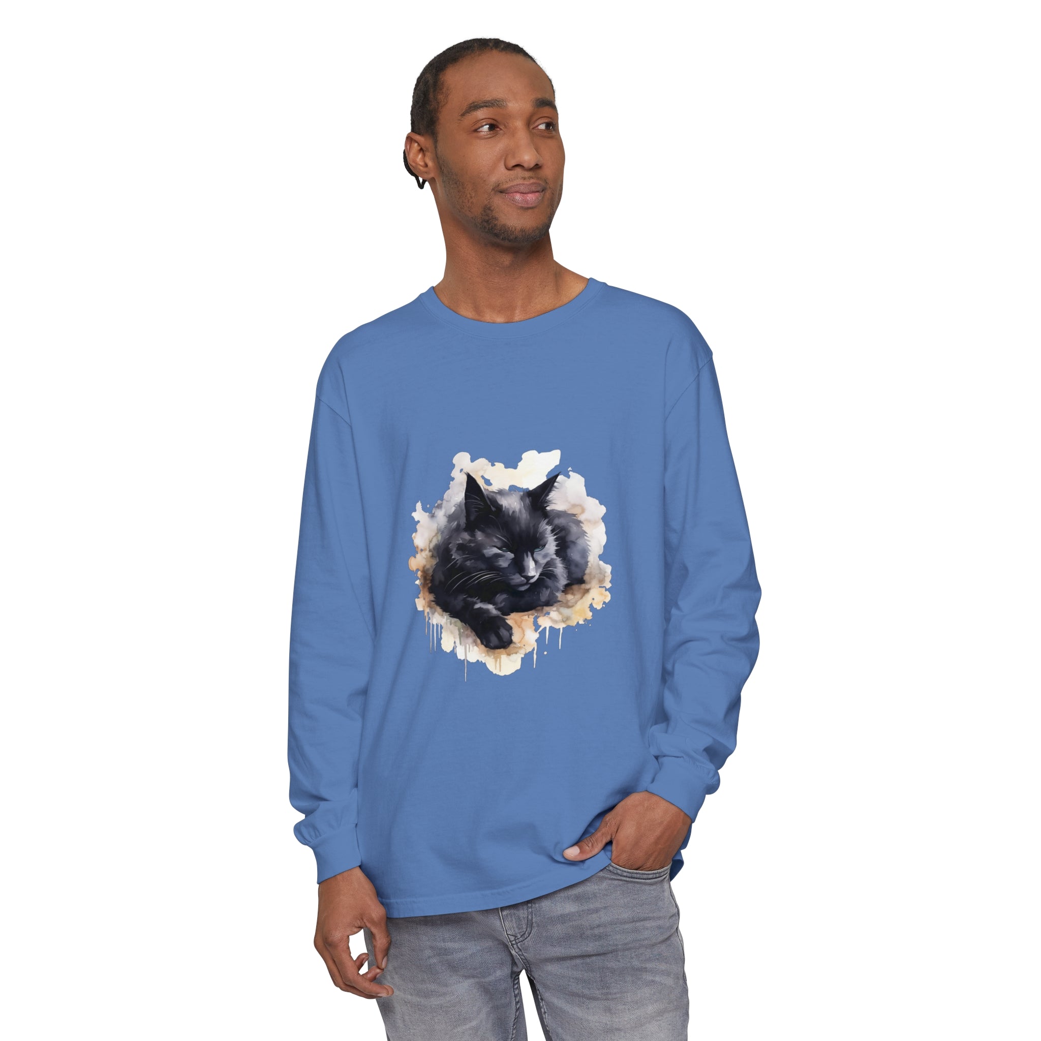 A beautiful watercolor illustration of a sleeping black cat featured on a comfortable t-shirt