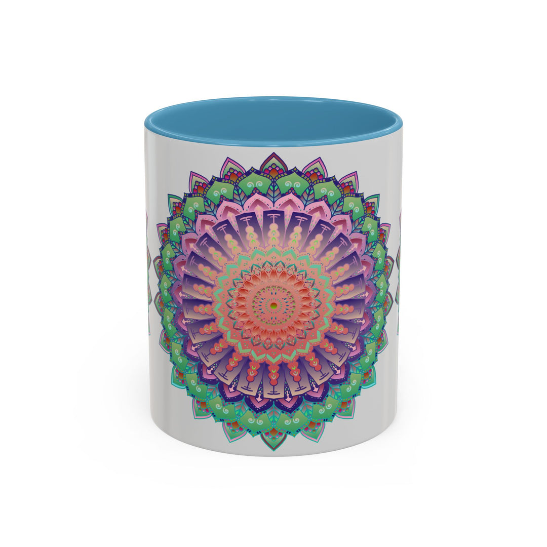 A vibrant and intricate mandala art mug featuring a colorful floral design