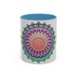 A vibrant and intricate mandala art mug featuring a colorful floral design