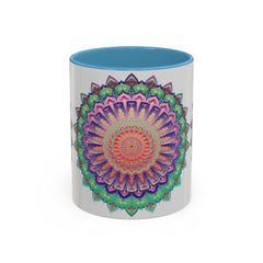 A vibrant and intricate mandala art mug featuring a colorful floral design