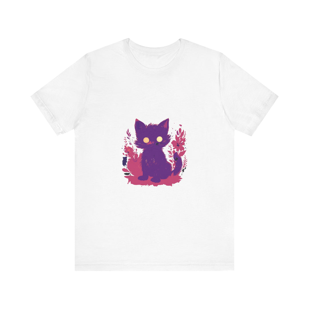 Vibrant purple t-shirt featuring a whimsical design of a mysterious cat