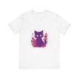 Vibrant purple t-shirt featuring a whimsical design of a mysterious cat