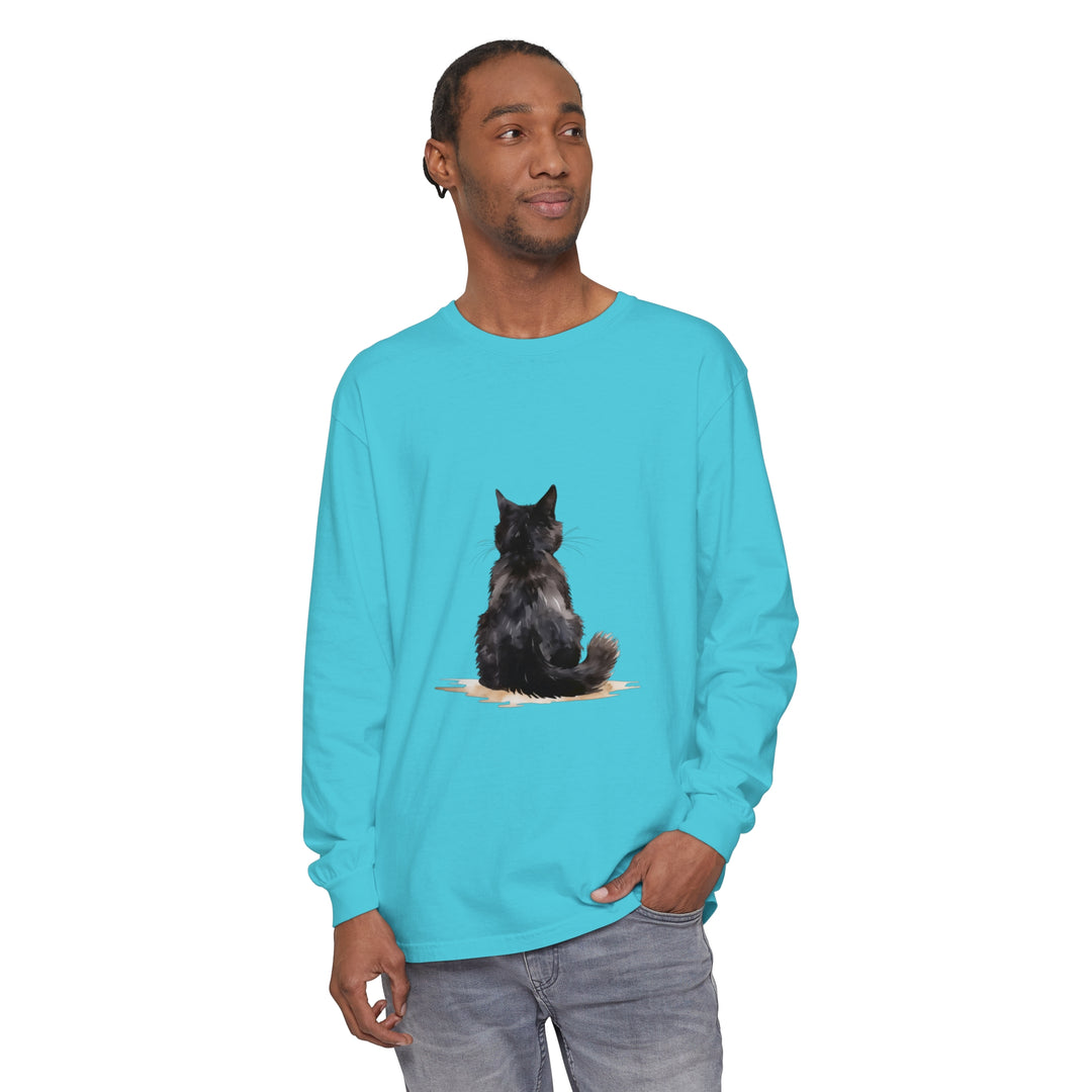 Black Cat Watercolor Unisex Long Sleeve T-Shirt, featuring a realistic watercolor design of a black cat on a comfortable, versatile long sleeve shirt