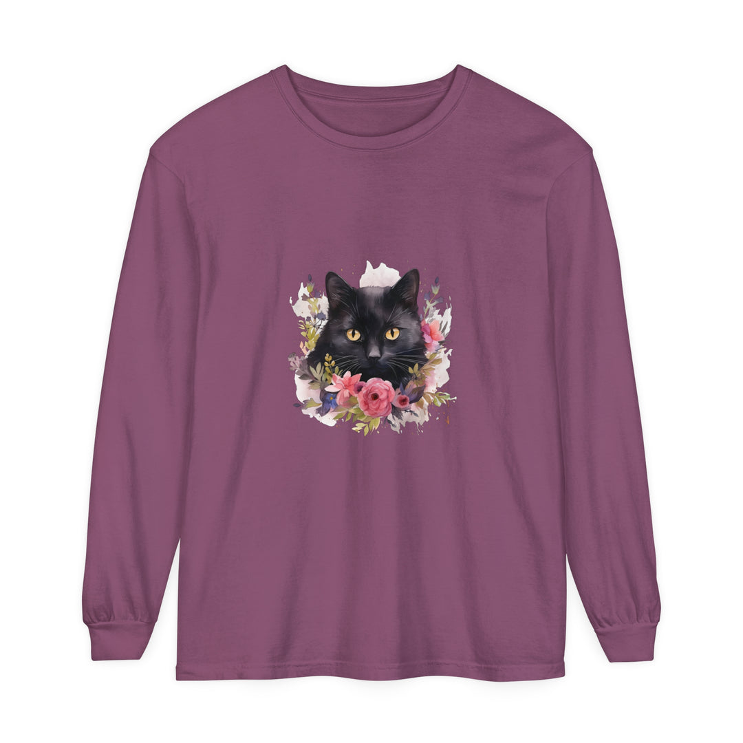 Beautiful black cat floral watercolor long sleeve t-shirt for women