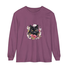 Beautiful black cat floral watercolor long sleeve t-shirt for women