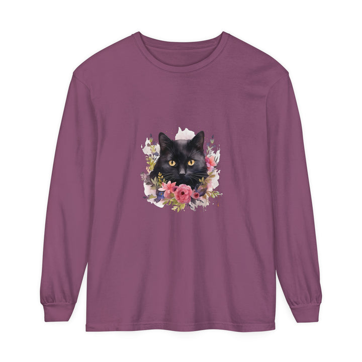 Beautiful black cat floral watercolor long sleeve t-shirt for women