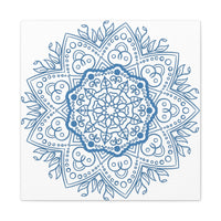 Handmade Mandala Art in Steel Blue, featuring intricate mandala design on matte canvas, stretched and framed at 125 inches