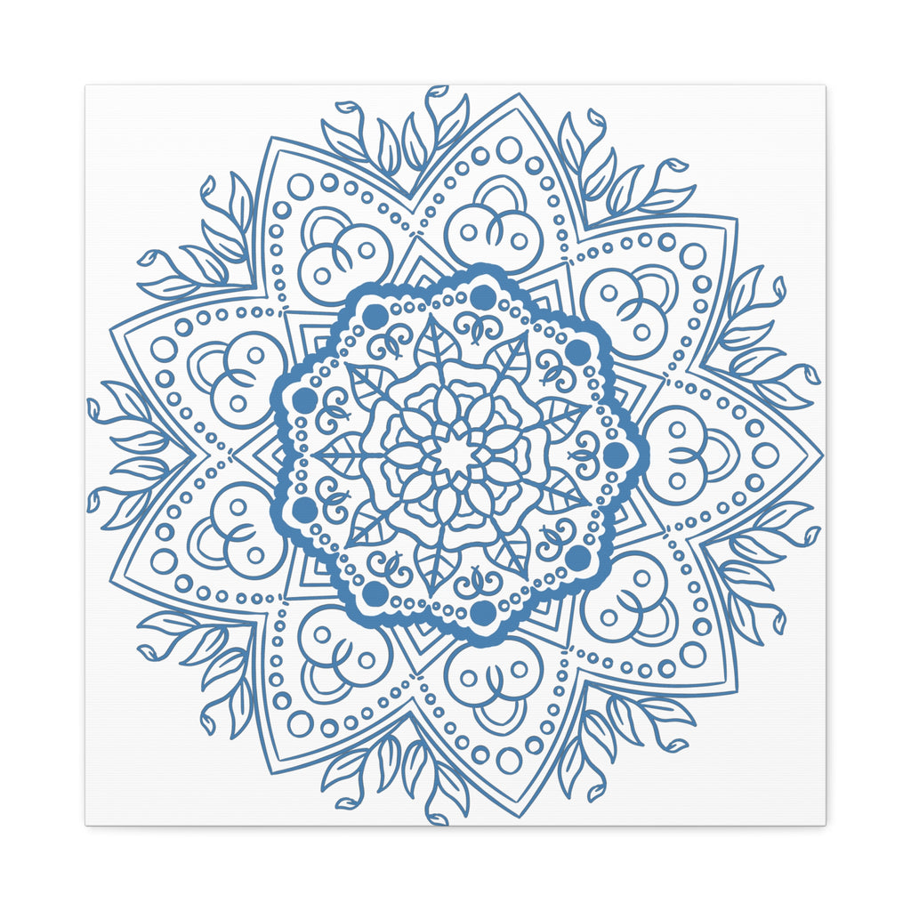 Handmade Mandala Art in Steel Blue, featuring intricate mandala design on matte canvas, stretched and framed at 125 inches