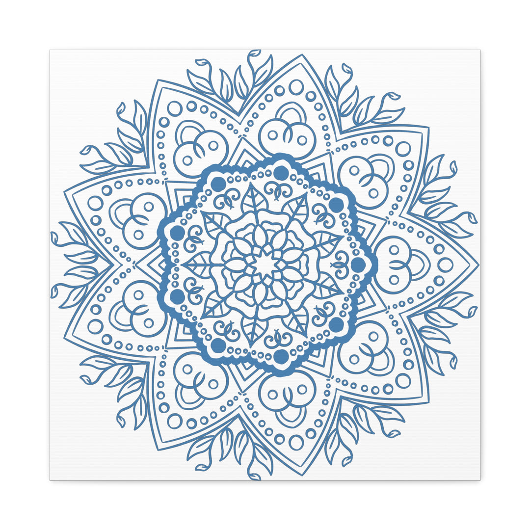 Handmade Mandala Art in Steel Blue, featuring intricate mandala design on matte canvas, stretched and framed at 125 inches