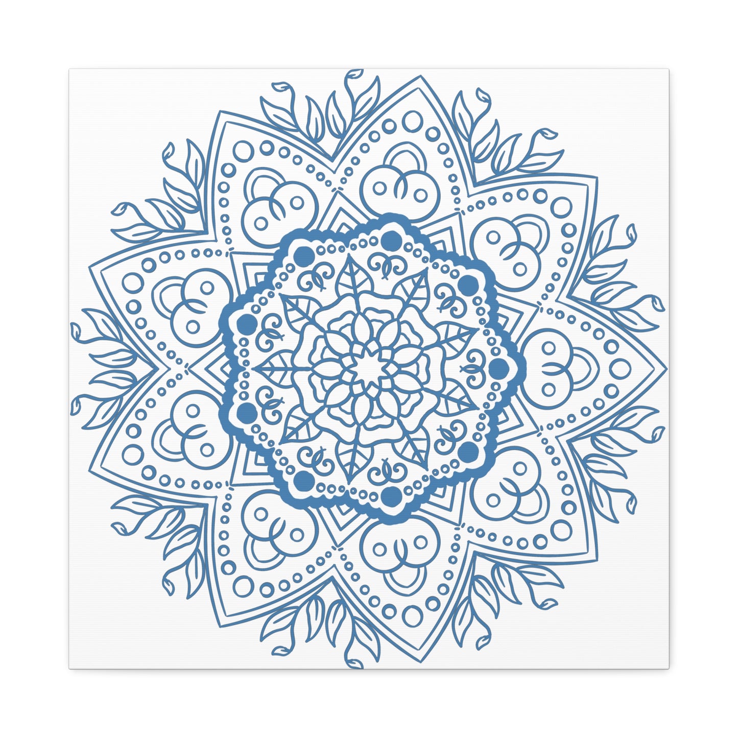 Handmade Mandala Art in Steel Blue, featuring intricate mandala design on matte canvas, stretched and framed at 125 inches