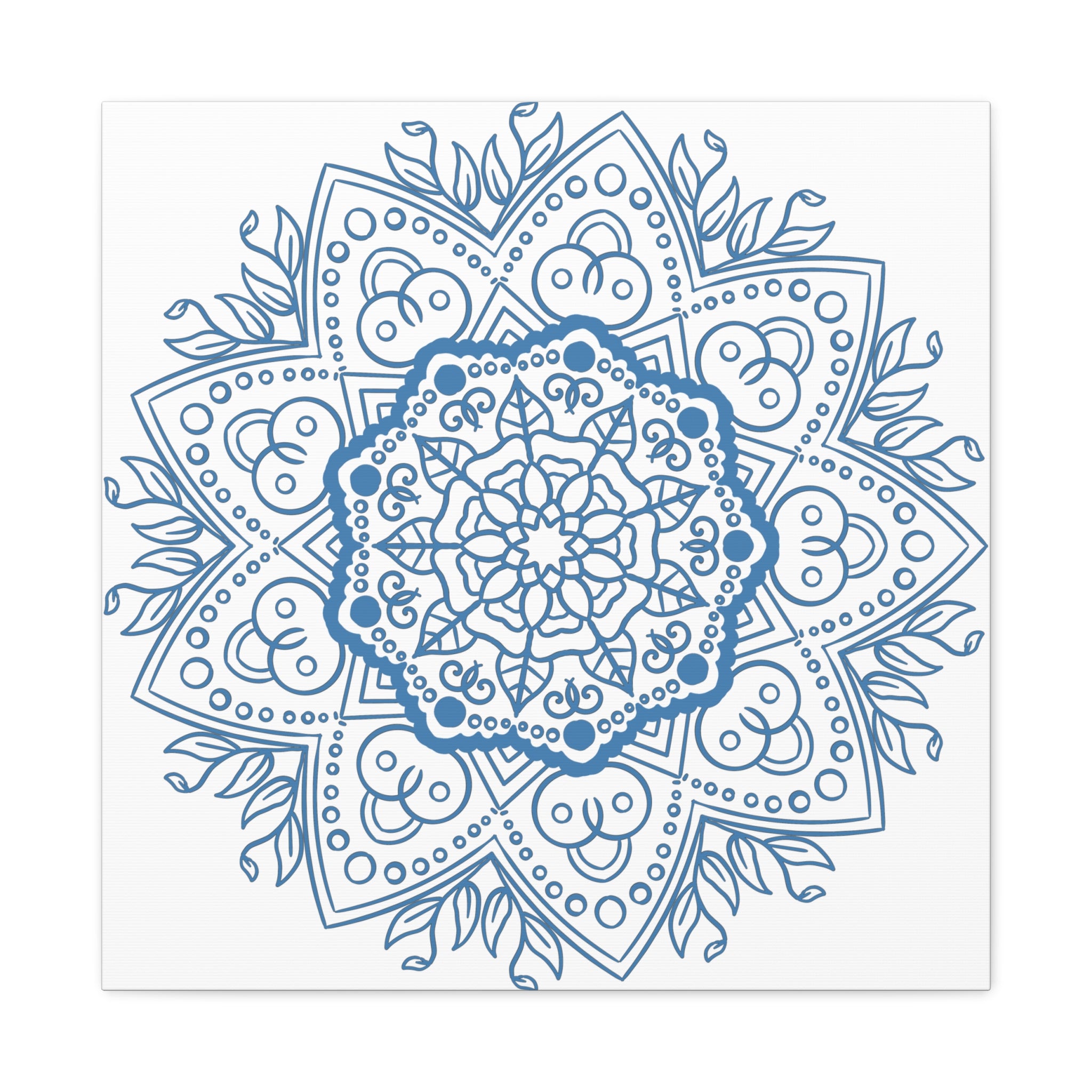 Handmade Mandala Art in Steel Blue, featuring intricate mandala design on matte canvas, stretched and framed at 125 inches