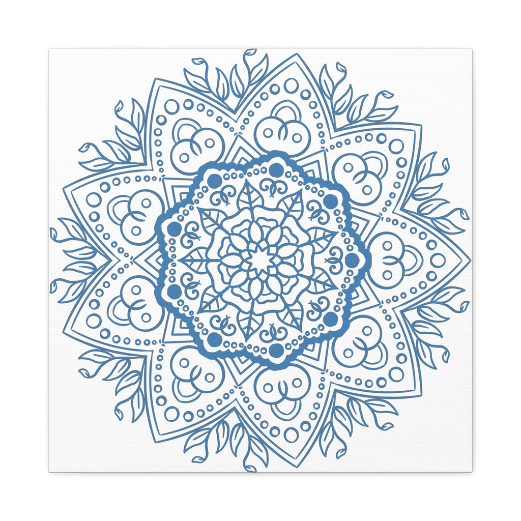 Handmade Mandala Art in Steel Blue, featuring intricate mandala design on matte canvas, stretched and framed at 125 inches