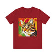 Colorful and vibrant pop art design of a tabby cat on a short sleeve tee