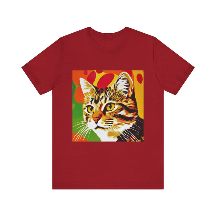 Colorful and vibrant pop art design of a tabby cat on a short sleeve tee