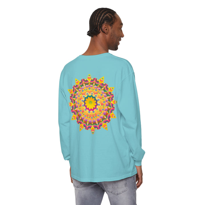 Colorful psychedelic mandala design printed on a long sleeve t-shirt