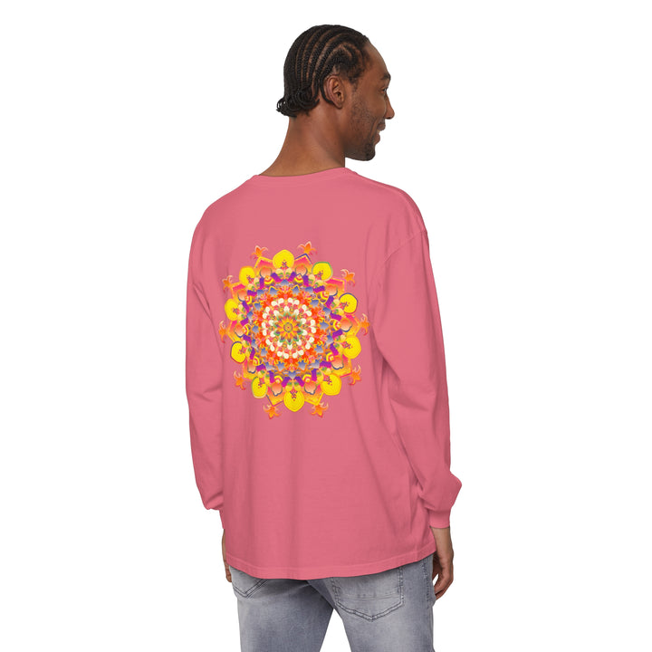 Colorful and intricate mandala design long sleeve t-shirt, suitable for both men and women, available in various sizes