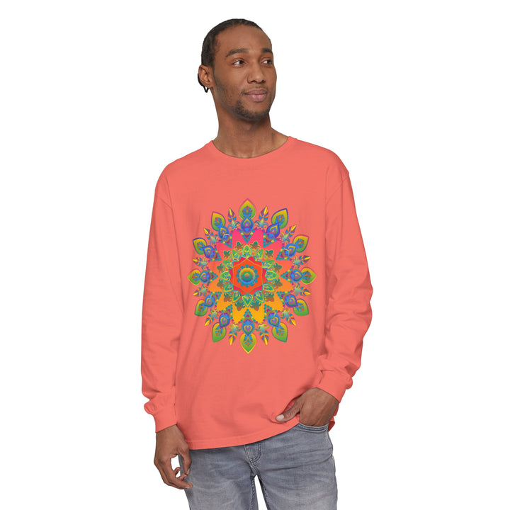 Colorful and intricate mandala design on a unisex long sleeve t-shirt