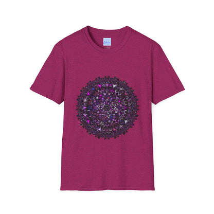 Softstyle unisex t-shirt with hand-drawn purple mandala art design