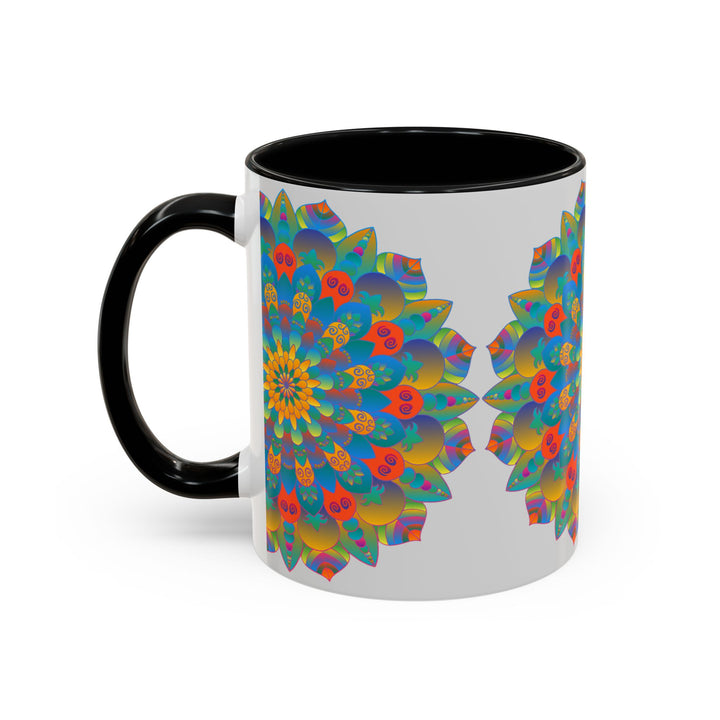 Vibrant yellow, orange, and blue Mandala Art Mug with intricate design