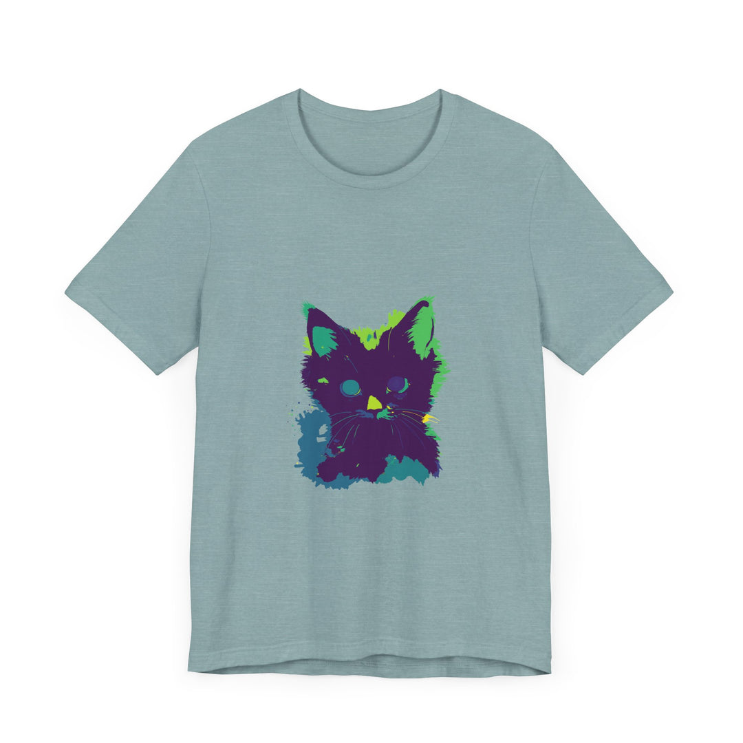 A black t-shirt featuring a neon-colored mystery cat design