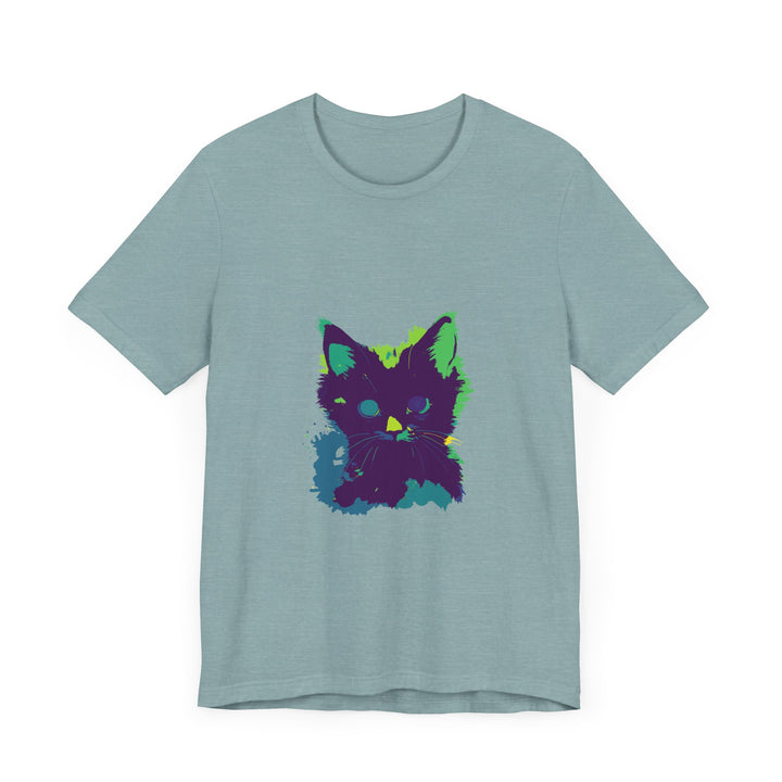 A black t-shirt featuring a neon-colored mystery cat design