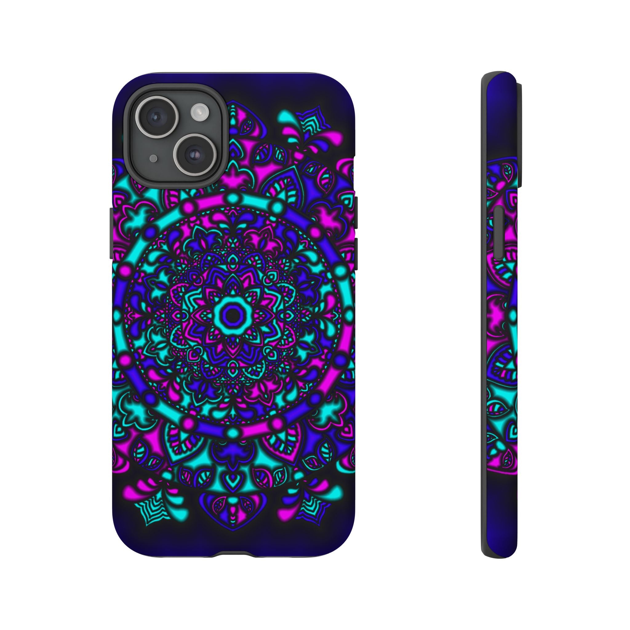 Cover protettiva resistente per telefono Mandala Neon — Viola e Verde acqua