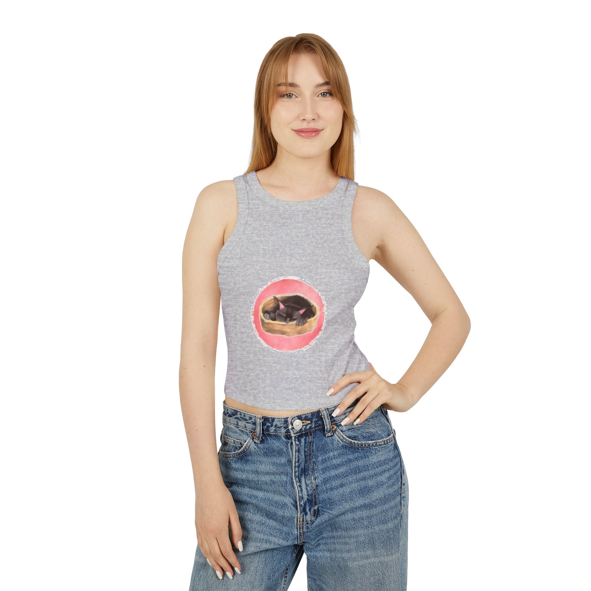 A comfortable and stylish racerback tank top featuring a cute black cat sleeping design