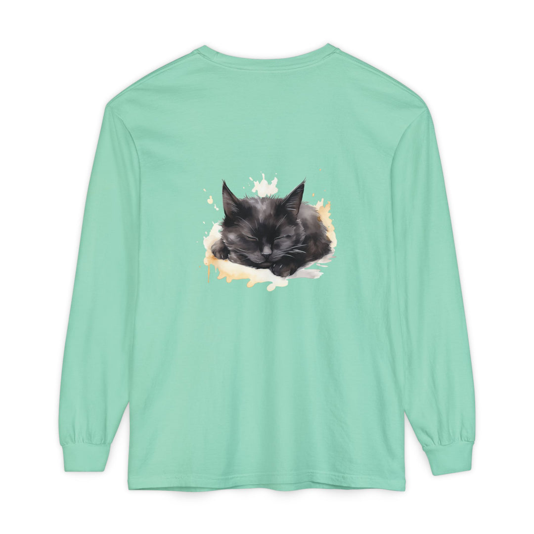 Langarm-T-Shirt mit Aquarellmotiv „Schlafende Katze“